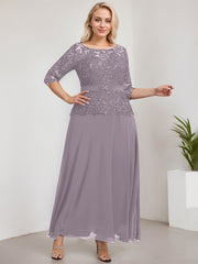 A-line Scoop Illusion Ankle-Length Chiffon Lace Mother of the Bride Dress With Rhinestone Beading