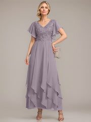 A-line V-Neck Ankle-Length Lace Chiffon Mother of the Bride Dress With Cascading Ruffles