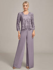 Silver Chiffon Pant and Lace Top Mother of The Bride Wide Pant Suits