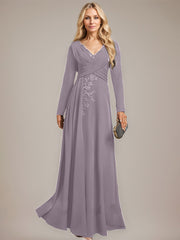 A-line V-Neck Floor-Length Stretch Crepe Evening Dress With Pleated Sequins Appliques Lace