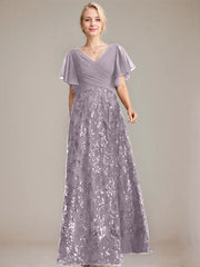 A-line V-Neck Floor-Length Lace Sequin Chiffon Mother of the Bride Dress With Pleated