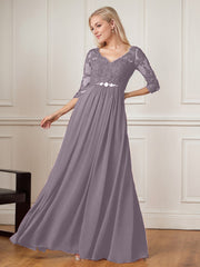 A-Line Floor-Length V-Neck Lace Chiffon Mother of the Bride Dress