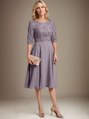 A-line Scoop Knee-Length Lace Chiffon Mother of the Bride Dress