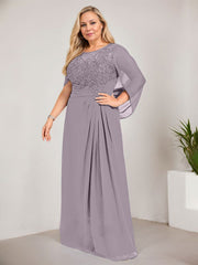 A-line Scoop Illusion Floor-Length Lace Chiffon Mother of the Bride Dress With Sequins Pleated