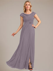 A-line Scoop Floor-Length Mesh Mother of the Bride Dress With Pleated Beading