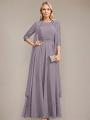 A-line Scoop Illusion Floor-Length Lace Chiffon Mother of the Bride Dress With Pleated