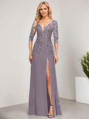 Sheath/Column V-Neck Floor-Length Lace Chiffon Mother of the Bride Dress With Sequins