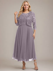 A-line Boat Neck Illusion Tea-Length Lace Chiffon Mother of the Bride Dress With Sequins