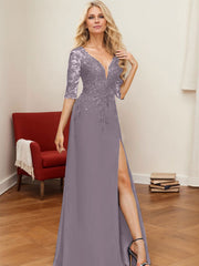 A-Line V-Neck 1/2 Sleeves Floor-Length Chiffon Mother Of The Bride Dresses With Lace
