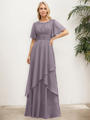 A-line Scoop Floor-Length Chiffon Mother of the Bride Dress With Pleated Sequins Beading