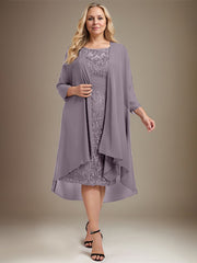 Sheath/Column Scoop Illusion Knee-Length Lace Chiffon Mother of the Bride Dress With Cascading Ruffles Sequins
