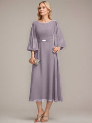 A-line Scoop Tea-Length Chiffon Mother of the Bride Dress With Crystal Brooch Pleated