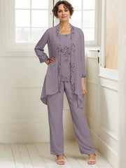 Elegant Appliques 3 Pieces Chiffon Mother of The Bride Jumpsuit with Wrap