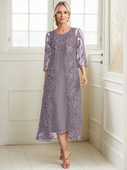 A-line Scoop Tea-Length Lace Chiffon Mother of the Bride Dress