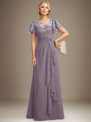 A-line Asymmetrical Illusion Floor-Length Lace Chiffon Mother of the Bride Dress With Cascading Ruffles Sequins