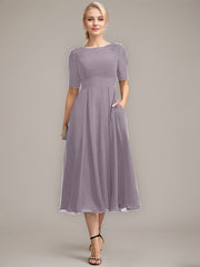 A-line Scoop Tea-Length Chiffon Mother of the Bride Dress With Appliques Lace Sequins