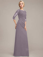 A-line Scoop Floor-Length Chiffon Lace Mother of the Bride Dress With Sequins Beading Pleated