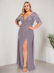 Sheath/Column V-Neck Floor-Length Lace Chiffon Mother of the Bride Dress With Sequins