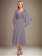 A-line V-Neck Tea-Length Chiffon Lace Mother of the Bride Dress With Sequins Beading