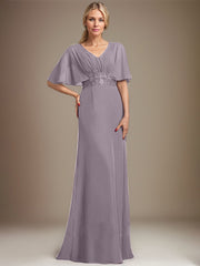 A-line V-Neck Floor-Length Chiffon Mother of the Bride Dress With Sequins Appliques Lace Pleated