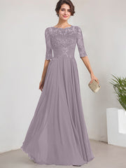 A-line Scoop Illusion Floor-Length Lace Chiffon Mother of the Bride Dress With Pleated Sequins
