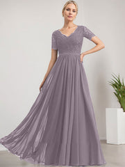 A-line V-Neck Floor-Length Lace Chiffon Mother of the Bride Dress