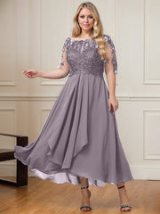 A-line Boat Neck Illusion Asymmetrical Lace Chiffon Mother of the Bride Dress With Cascading Ruffles Sequins
