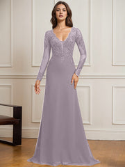 Sheath/Column V-Neck Detachable Sweep Train Lace Tulle Chiffon Mother of the Bride Dress With Sequins