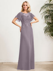 A-line Scoop Illusion Floor-Length Lace Chiffon Mother of the Bride Dress With Sequins