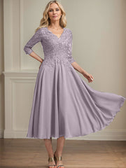 A-line V-Neck Tea-Length Chiffon Lace Mother of the Bride Dress With Beading Sequins