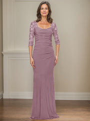 Sheath/Column Square Neckline 3/4 Sleeves Floor-Length Jersey Mother Of The Bride Dresses With Lace