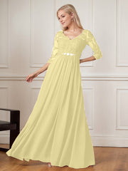 A-Line Floor-Length V-Neck Lace Chiffon Mother of the Bride Dress