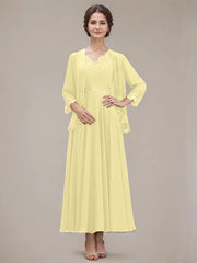 A-line V-Neck Ankle-Length Chiffon Mother of the Bride Dress With Sequins Appliques Lace Beading