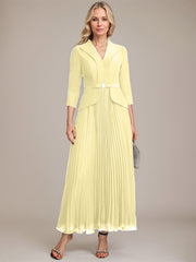 A-line Collared V-Neck Ankle-Length Chiffon Mother of the Bride Dress With Beading Pleated