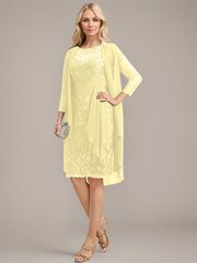 Sheath/Column Scoop Illusion Knee-Length Lace Chiffon Mother of the Bride Dress With Cascading Ruffles Sequins