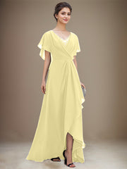 A-line V-Neck Asymmetrical Chiffon Mother of the Bride Dress With Sequins Beading Cascading Ruffles