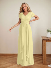 Elegant A-Line Chiffon V-neck Mother of the Brides Dresses Lace Top MOB Dresses