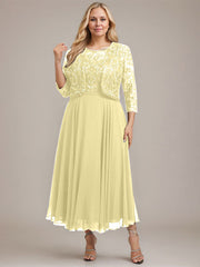 A-line Boat Neck Illusion Tea-Length Lace Chiffon Mother of the Bride Dress With Sequins