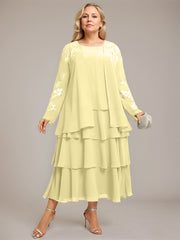 A-line Scoop Tea-Length Chiffon Mother of the Bride Dress With Cascading Ruffles
