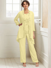 Elegant Appliques 3 Pieces Chiffon Mother of The Bride Jumpsuit with Wrap