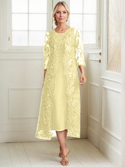 A-line Scoop Tea-Length Lace Chiffon Mother of the Bride Dress