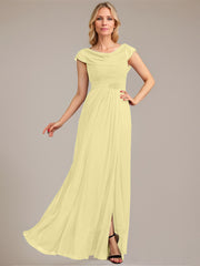 A-line Scoop Floor-Length Mesh Mother of the Bride Dress With Pleated Beading