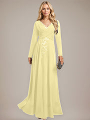 A-line V-Neck Floor-Length Stretch Crepe Evening Dress With Pleated Sequins Appliques Lace