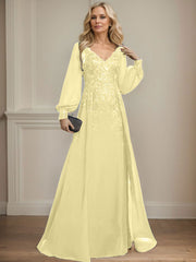 A-Line V-Neck Long Sleeves Floor-Length Chiffon Mother Of The Bride Dresses With Lace
