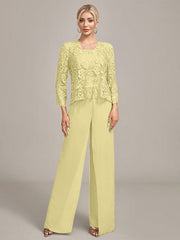 Silver Chiffon Pant and Lace Top Mother of The Bride Wide Pant Suits