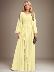 A-line Cold Shoulder V-Neck Floor-Length Chiffon Mother of the Bride Dress With Cascading Ruffles Beading