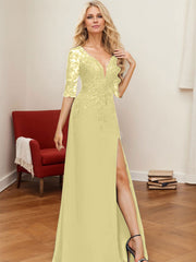 A-Line V-Neck 1/2 Sleeves Floor-Length Chiffon Mother Of The Bride Dresses With Lace