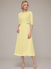 A-line/Princess Scoop Tea-Length Chiffon Mother of the Bride Dress With Lace Jacket