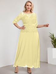 A-line Scoop Illusion Ankle-Length Chiffon Lace Mother of the Bride Dress With Rhinestone Beading