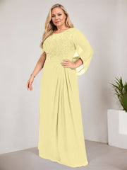 A-line Scoop Illusion Floor-Length Lace Chiffon Mother of the Bride Dress With Sequins Pleated